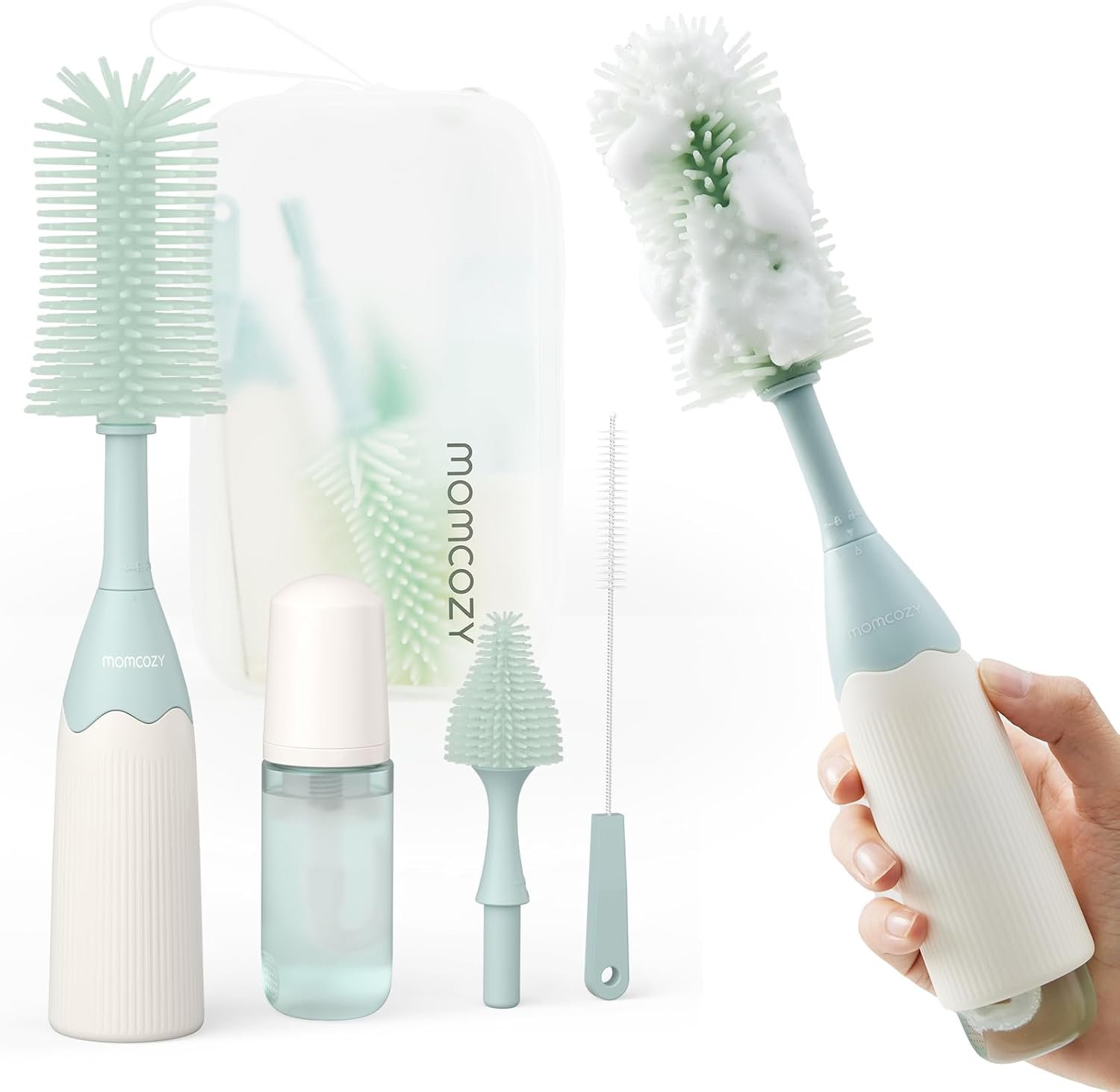 Momcozy Baby Bottle Brush Kit, Push-Press Foam Design, Green | Portable for Home & Travel, Bottle Cleaner Brush for Breast Pumps & Nipple, Newborn Essentials, Food-Grade BPA-Free
