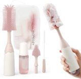 Momcozy Bottle Brush Kit with Push-Press Foam Design – Newborn Essentials Gift, Portable Cleaning Tool for Home & Travel, Baby Bottle Cleaner Brush for Breast Pumps & Nipples, Pink