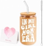 Mom Gift for Mother’s Day from Daughter In My Girl Mom Era 16 oz Glass Cup with Lid and Straw Cute Girl Moms Present for Baby Shower Birthday First Time Mom