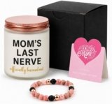 Funny Mom Gifts, Mom’s Last Nerve Candle and Stretch Bracelet Set | Lavender soy wax candle, 50+ hour burn time, stretch lava stone bracelet, gift box and card for birthday or just because