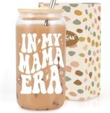 Coolife in My Mama Era Coffee Glass Cup, Cute Mama Gifts for New Mom, Best Mom – First Mothers Day, Birthday, Postpartum Presents for New Mother after Birth, 16 oz Cup Mommy Glass Tumbler w/Straw Lid