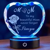 Heart Shaped Crystal Plaque for Mom, Laser Engraved Gift with Color Changing LED Light Base, Mothers Day Birthday Christmas Gift from Daughter Son