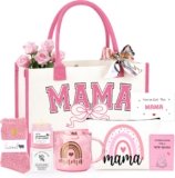 New Mom Gifts, First 1st Birthday Gifts for New Mom Care Package After Baby Postpartum Christmas Mothers Day Present for Expecting Mama Basket Set of 7