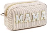 Sanwuta Seersucker Cosmetic Bags Mama Bag Chenille Letter Seersucker Makeup Bags Stripe Women Pouch Large Preppy Storage Pouch Toiletry Travel Organizer, Gifts for Mom Women