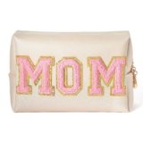 Y1tvei Preppy MOM Cosmetic Bag for Mother, Patch PU Leather Waterproof Makeup Bag with Zipper, Varsity Letter Toiletry Pouch Travel Organizer Mama to Be Gift for Birthday Mother’s Day Baby Shower