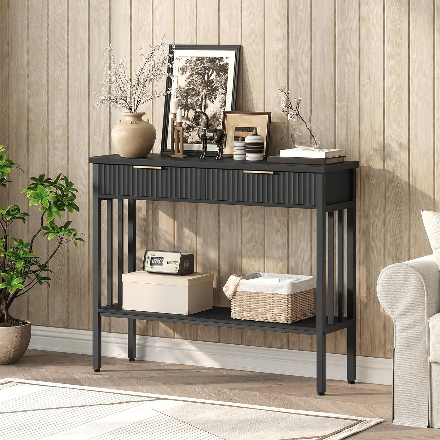 MAHANCRIS 39.4″ Console Table with 2 Drawers, Narrow Long Entry Table with Storage Shelf, 2-Tier Fluted Entryway Table with 2 Drawers, for Entryway, Living Room, Foyer, Hallway, Office, Black CTHB5101