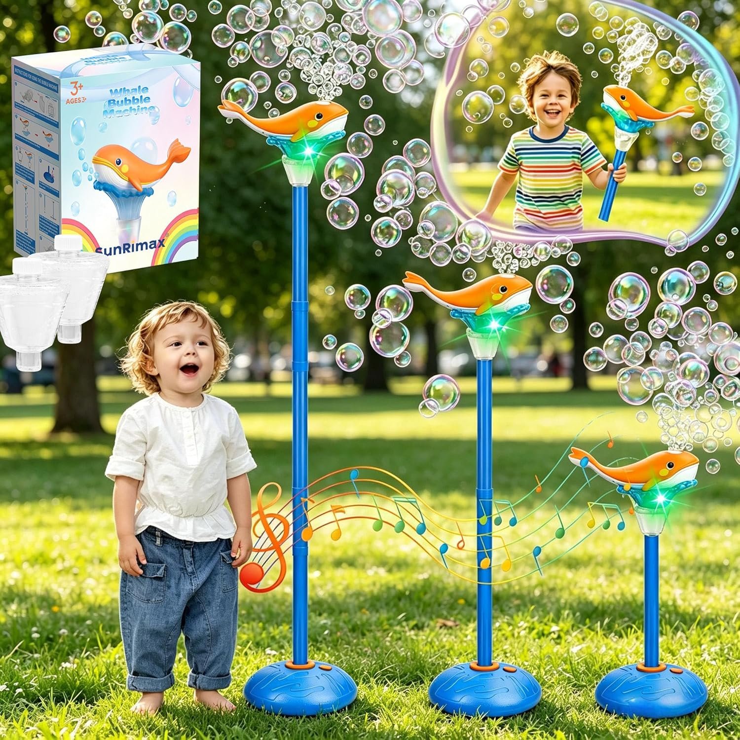 Standing Bubble Machine for Kids Outdoor, Whale Bubble Torch with Light Music Lamp, 47″ Adjustable Height Automatic Bubble Blower Maker Tower Fountain for Party,Stand Up Outside Handheld Lanterns Toys