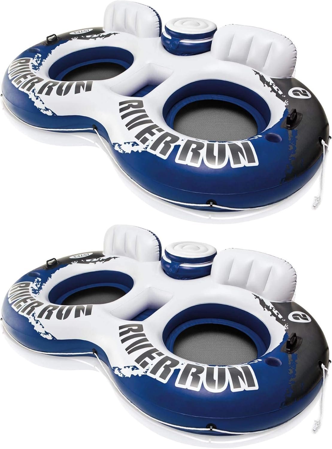 Intex River Run II Lightweight Durable 2 Person Water Tubes Outdoor Pool or Lake Floating Raft Lounger with Built in Cooler and Cupholders, Blue/White