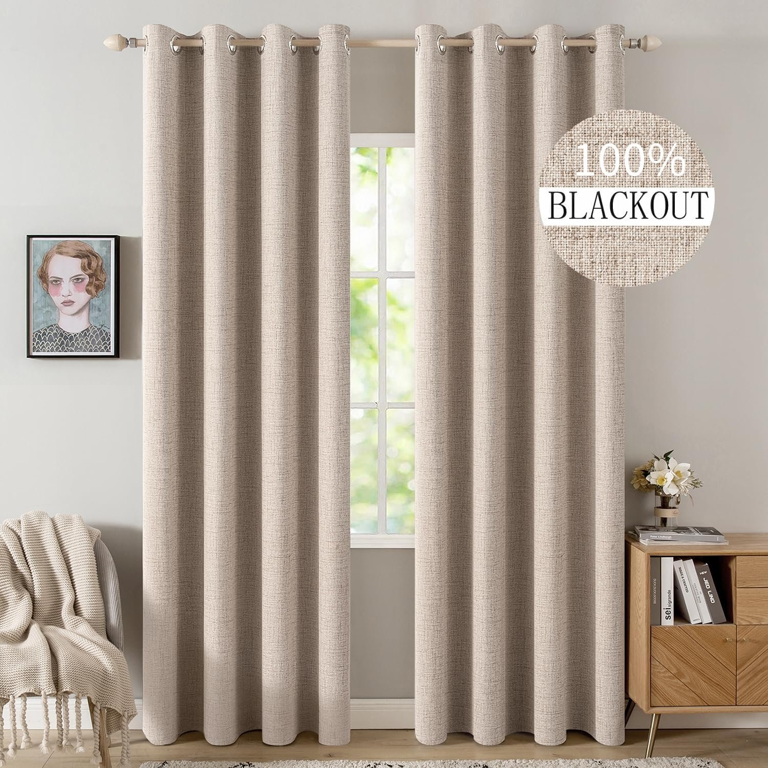 MIULEE 90 Inches Linen Textured Curtains for Bedroom 100% Blackout Thermal Insulated Natural Beige Grommet Room Darkening Curtains & Drapes Luxury Decor for Living Room 52 x 90 Inch (2 Panels)