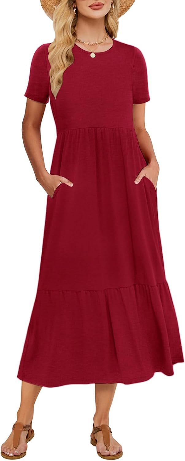 Gracyoga Women’s Summer Maxi Dress 2025 Casual Short Sleeve Crewneck Flowy Swing Tiered Long Beach Dresses with Pockets
