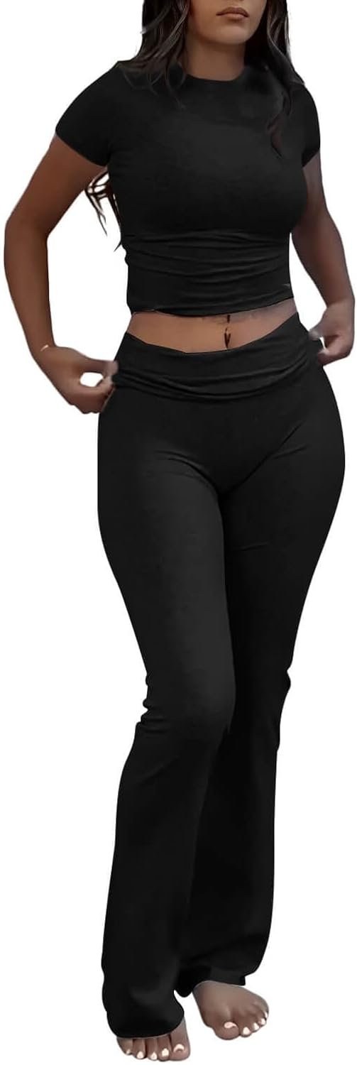 AYWA Women’s 2 Piece Lounge Sets Short Sleeve Crop Top Foldover Flare Pants Casual Pajama Outfits
