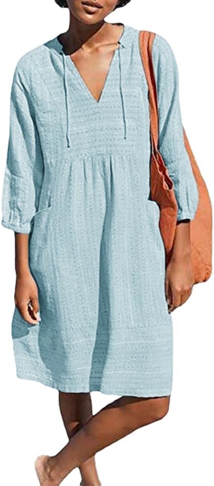 Lafural Womens V Neck Cotton Casual Loose Shift Tunic Smock Summer Dresses Vacation Dress 3/4 Sleeve Pocket