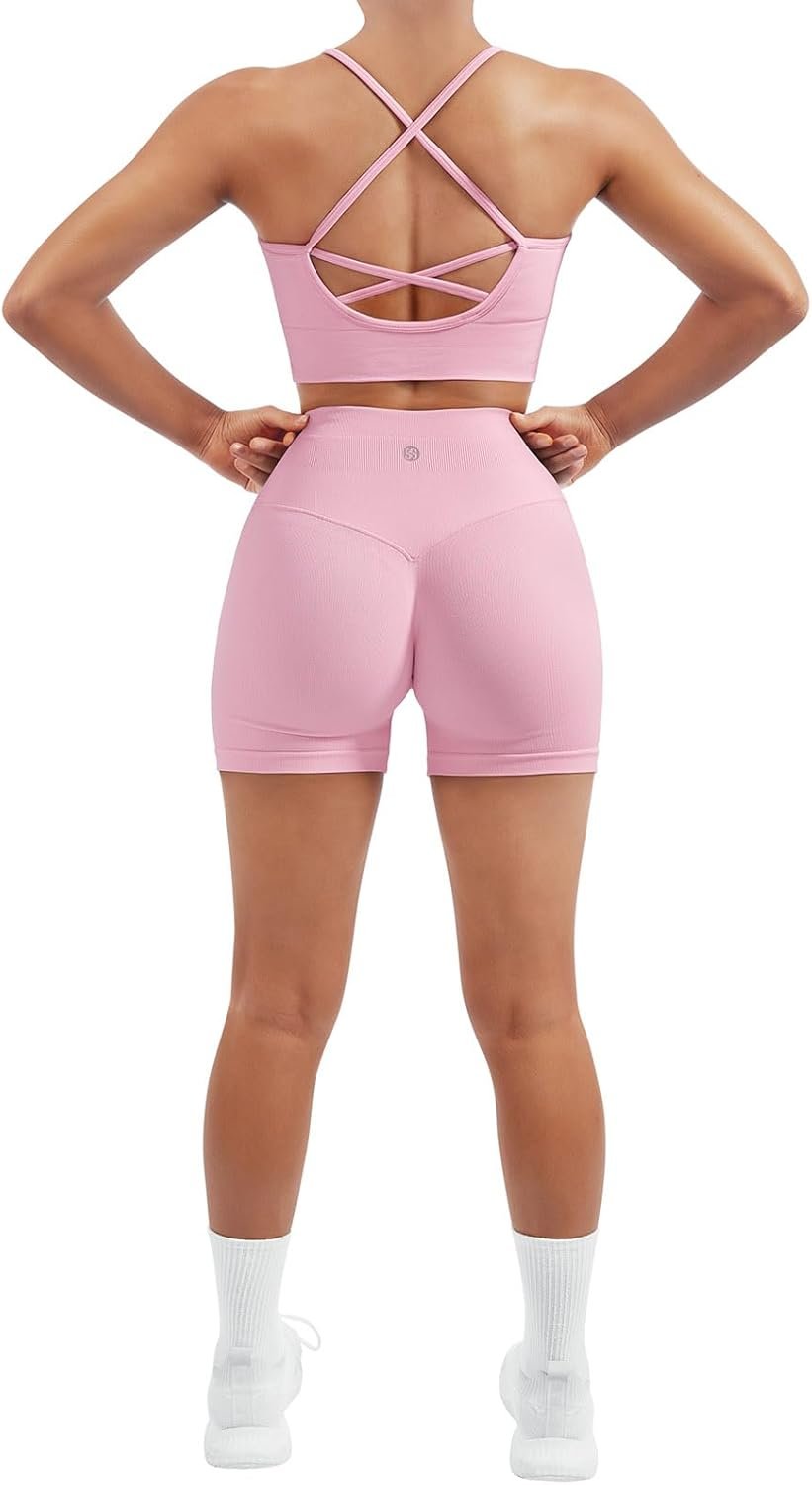 SUUKSESS Women Seamless 2 Piece Workout Sets Criss Cross Sports Bra High Waist Booty Shorts