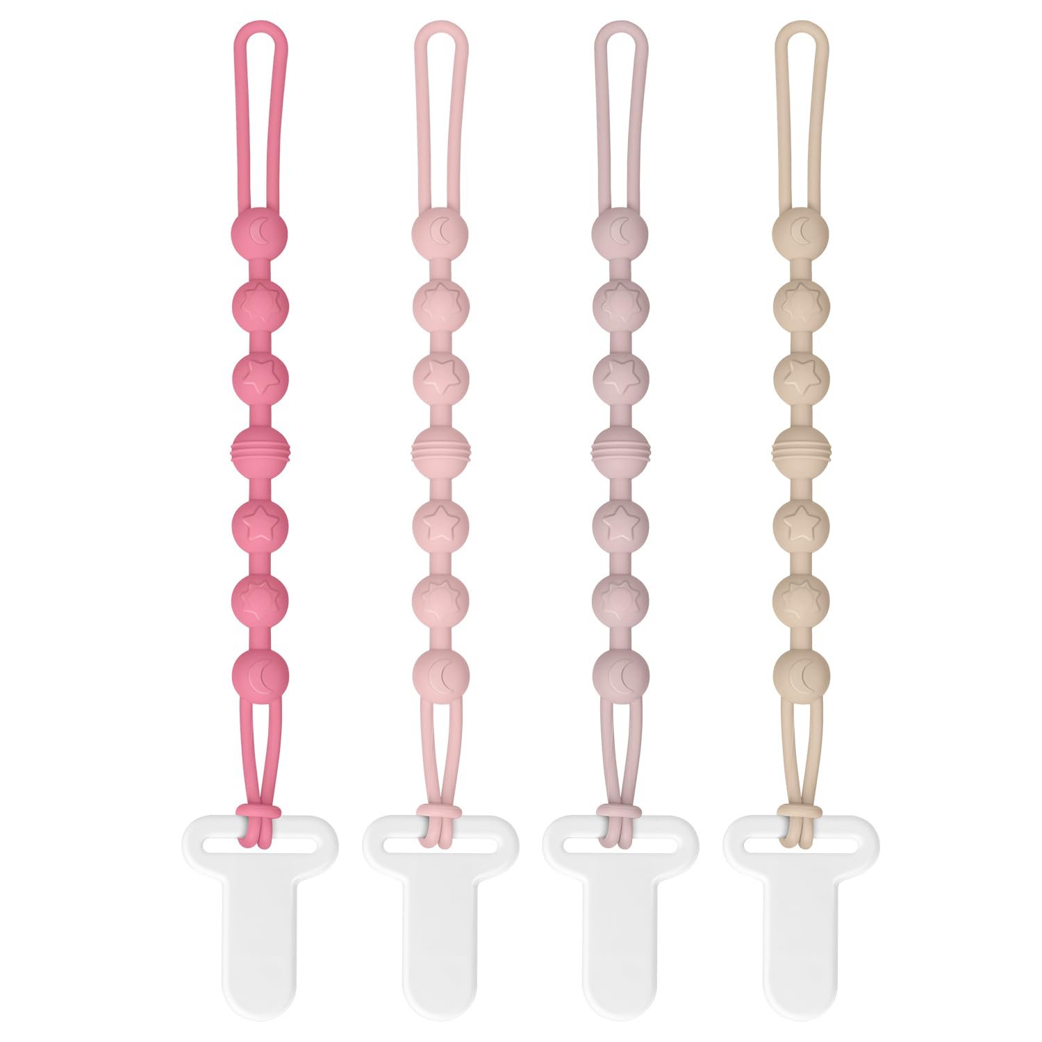 Pacifier Clip for Baby Girls and Boys, One-Piece 100% Food Grade Silicone Holder, Soft Flexible Newborn Essentials (4-Pack)