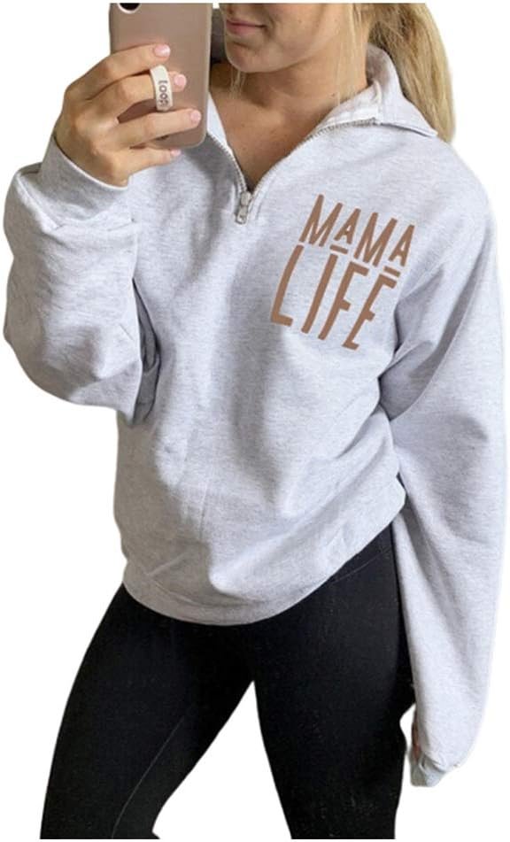 TAIUICY Women Mama Life Zip Up Pullover Sweatshirt Jacket High Collar Quarter 1/4 Zip Coat