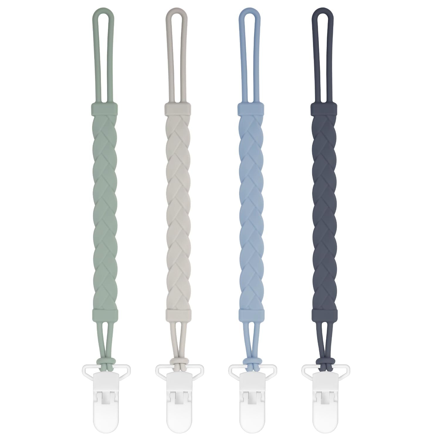 Stylish Silicone Pacifier Clips, 4-Pack Pacifier Holder with Flexible Woven Rope Design, 100% Food Grade Silicone, Easter Safe Essentials for Newborns Baby Boys and Girls