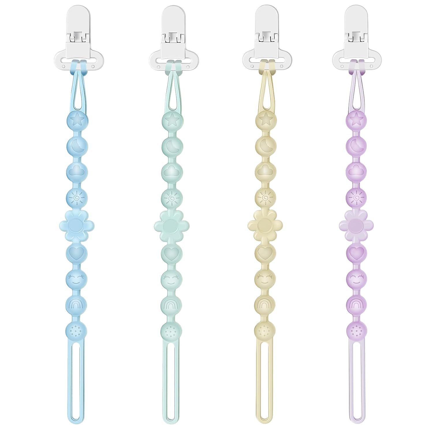 Silicone Pacifier Clip Holder with One-Piece Beads, 4 Packs Soft Flexible and Rust-Free Binky Pacifiers Clips for Teething Relief Baby Essentials Accessories, Safe for Boy and Girl | 100% Food Grade, BPA Free, Light Weight, Strong Beads Connector, No Loose Teething Beads