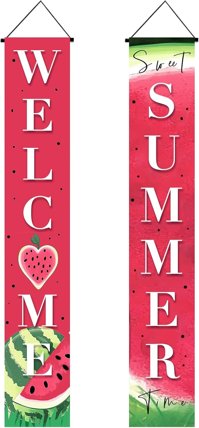 BlissYard 2pcs Welcome Summer Door Banner Watermelon Porch Banner Sign Sweet Fruit Time Front Door Hanging Decor Banners for Summer Home Hawaii Tropical Party Outdoor Decorations