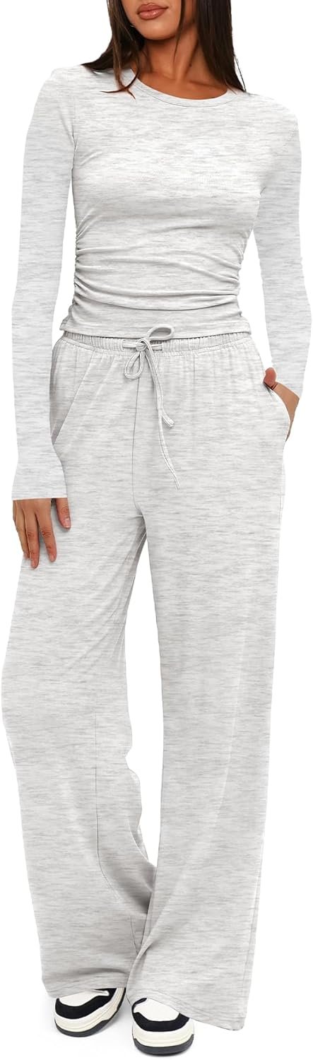 Darong Women’s 2 Piece Outfits Lounge Sets 2026 Long Sleeve Tops Wide Leg Pants Casual Matching Set