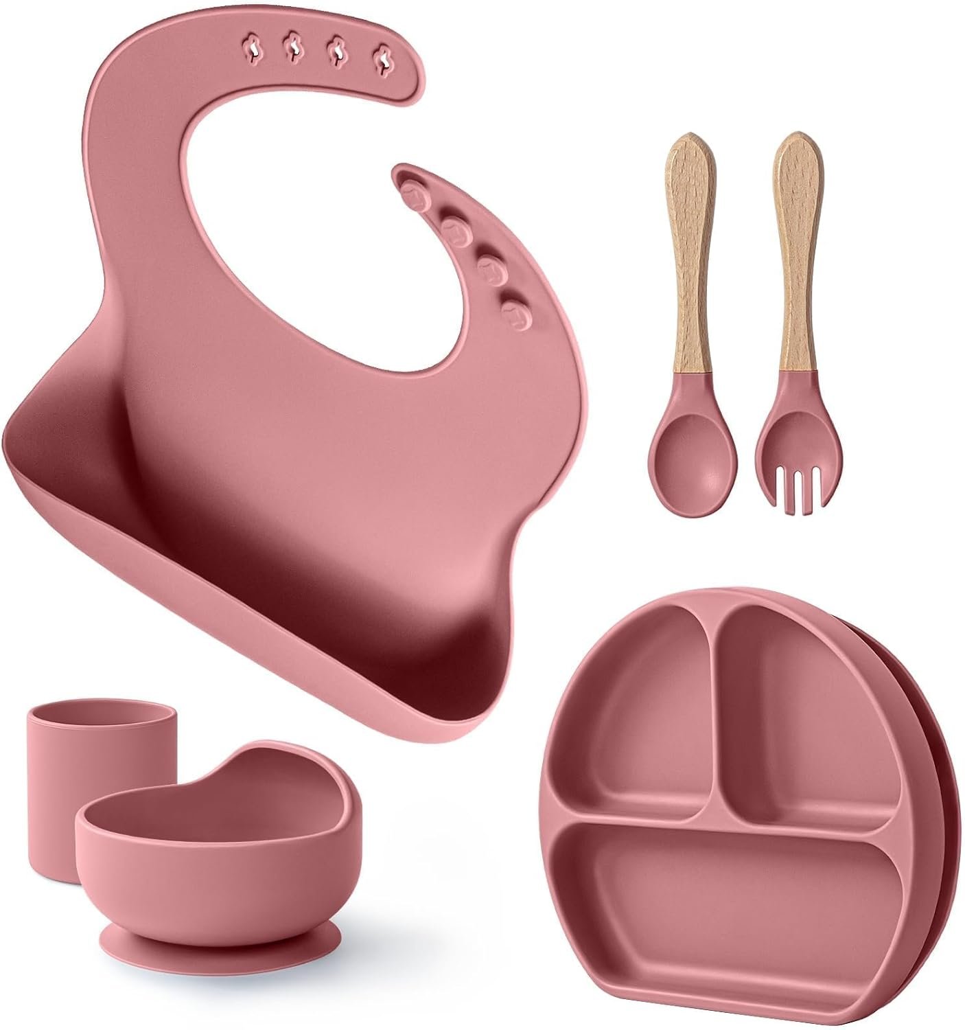 Baby Suction Plates and Bowls Set – 100% Food Grade Silicone Toddler Feeding Supplies for BLW | Stay-Put Divided Dish | Includes Bonus Bib, Cup & Soft Spoon/Fork (6-Piece)
