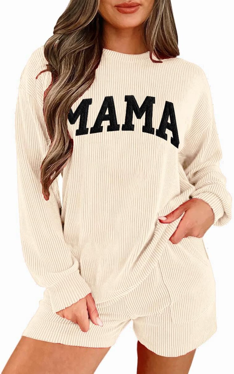 Opemiby Womens Ribbed Pajama Sets Long Sleeve Top and Shorts Matching Lounge Set Loungewear Sweatsuit with Pockets