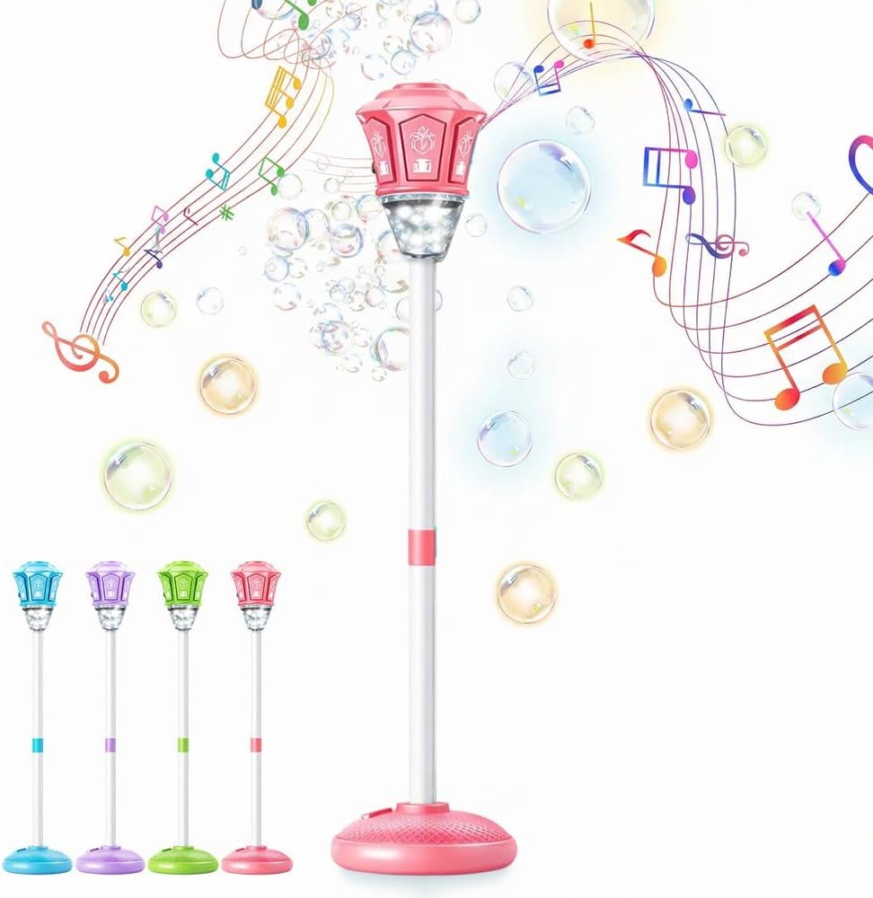 Automatic Standing Bubble Machine for Kids, Height Adjustable up to 47″, Outdoor Battery-Powered Bubble Maker with Light & Music for Toddlers Birthday Gifts (Pink, Lithium Battery)