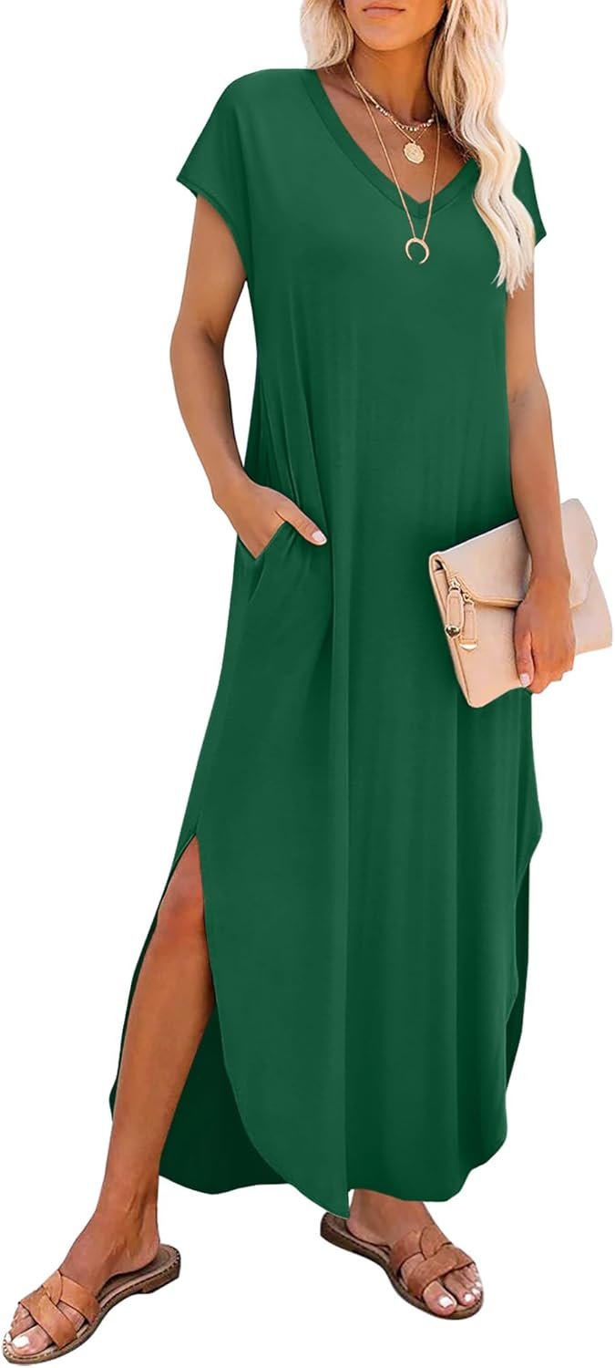 RUMIA Summer Casual Maxi Dresses for Women- Women’s V Neck Cap Sleeve Long Sundress with Pockets Beach Vacation