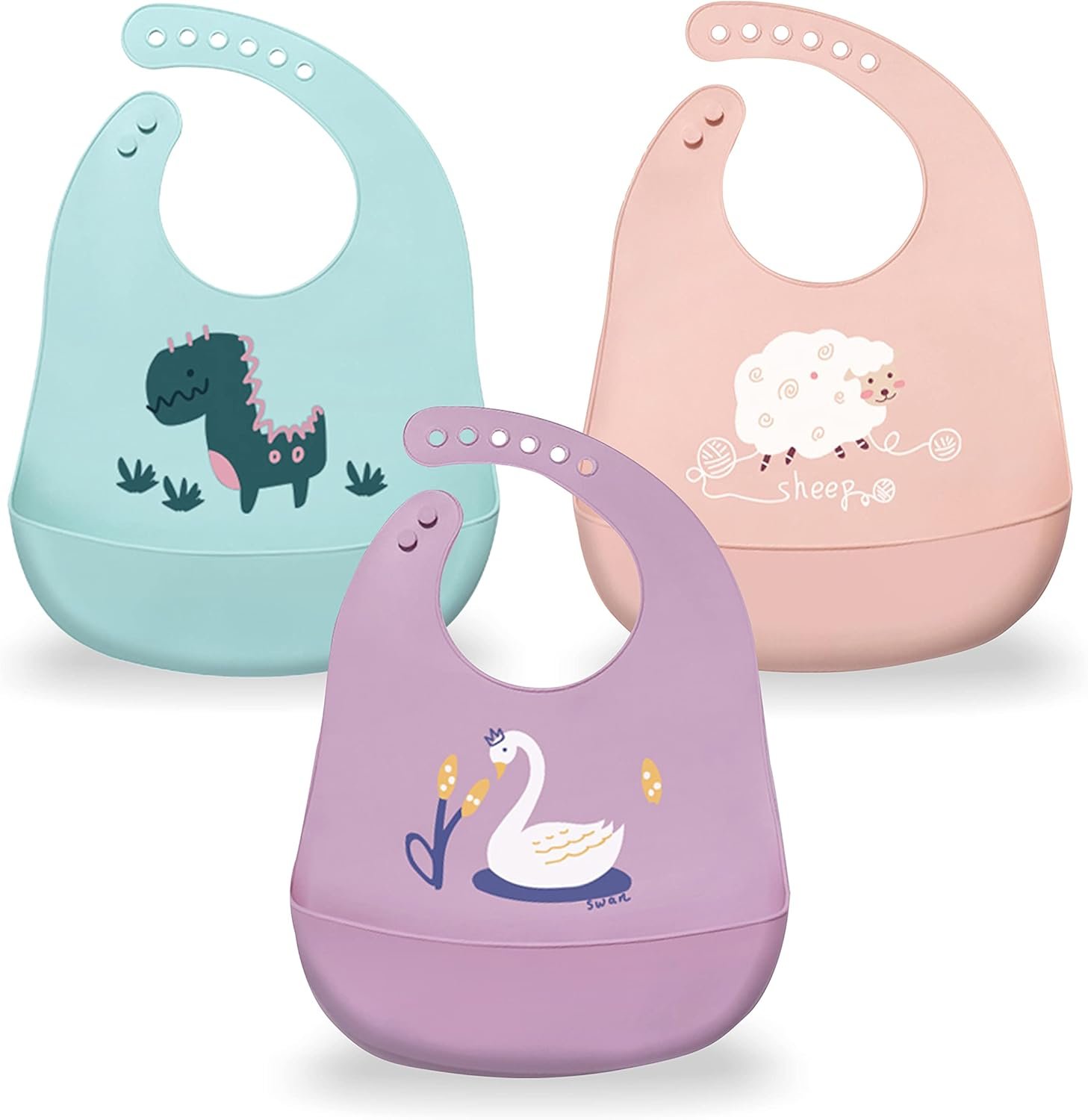 Silicone Baby Bibs with Food Catcher (Set of 3) – BPA Free Plastic, Durable and Adjustable Bib – Silicone Bibs for Babies, Toddlers, Boys, and Girls