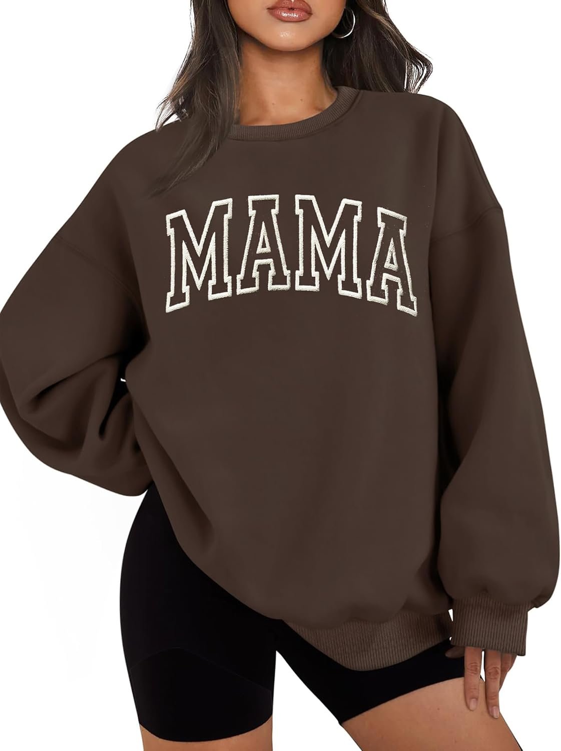 ELDPS Mama Sweatshirts for Women Embroidered Mama Shirt Oversized Mom Crewneck Pullover Hoodies Long Sleeve