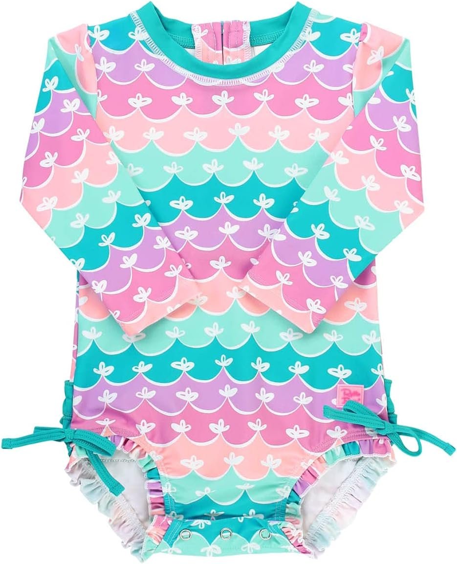 RuffleButts Baby Girls UPF 50+ Sun Protection Floral Printed Long Sleeve One Piece Rash Guard Swimsuit with Zipper