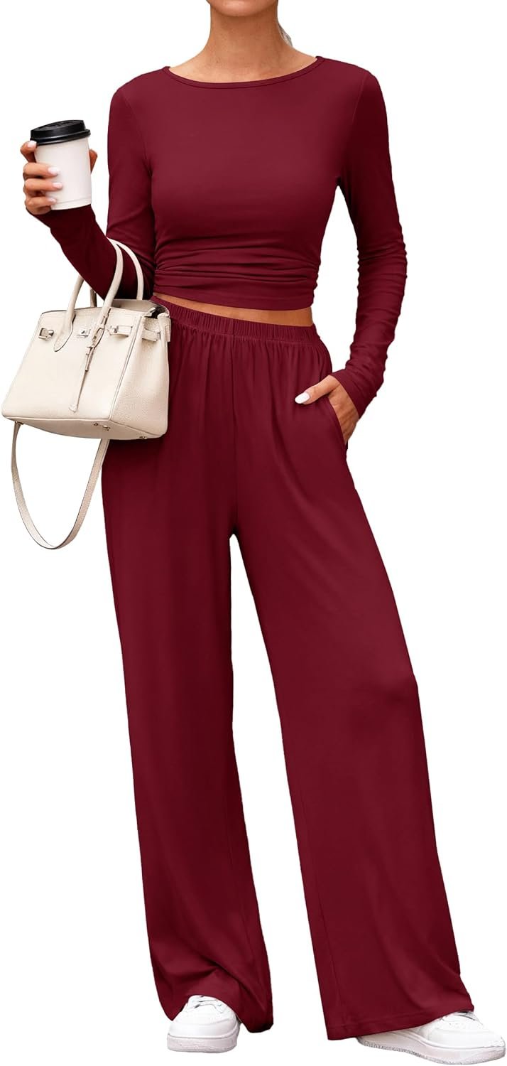PRETTYGARDN Two Piece Lounge Sets For Women 2025 Casual Long Sleeve Shirts Wide Leg Pants Tracksuit Workout Matching Set