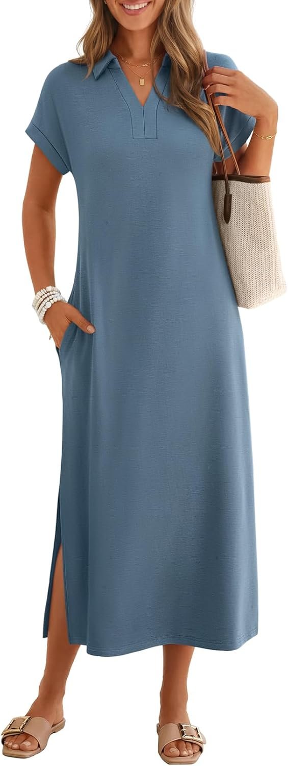 MEROKEETY Women’s Summer Casual Maxi Dress 2026 Cap Sleeve V Neck Collared Beach Vacation T Shirt Long Dresses