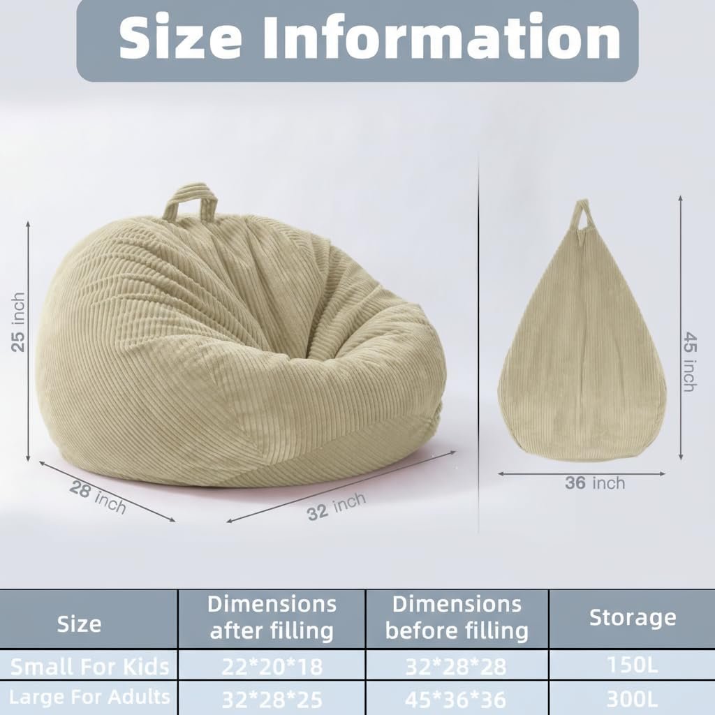 Stuffed Animal Storage Bean Bag Chair Cover (No Filler), Large Toy Storage Organizer & Comfy Kids Sofa Chair for Playroom, Teens Adults Toddler,Corduroy (White, Cover Only)
