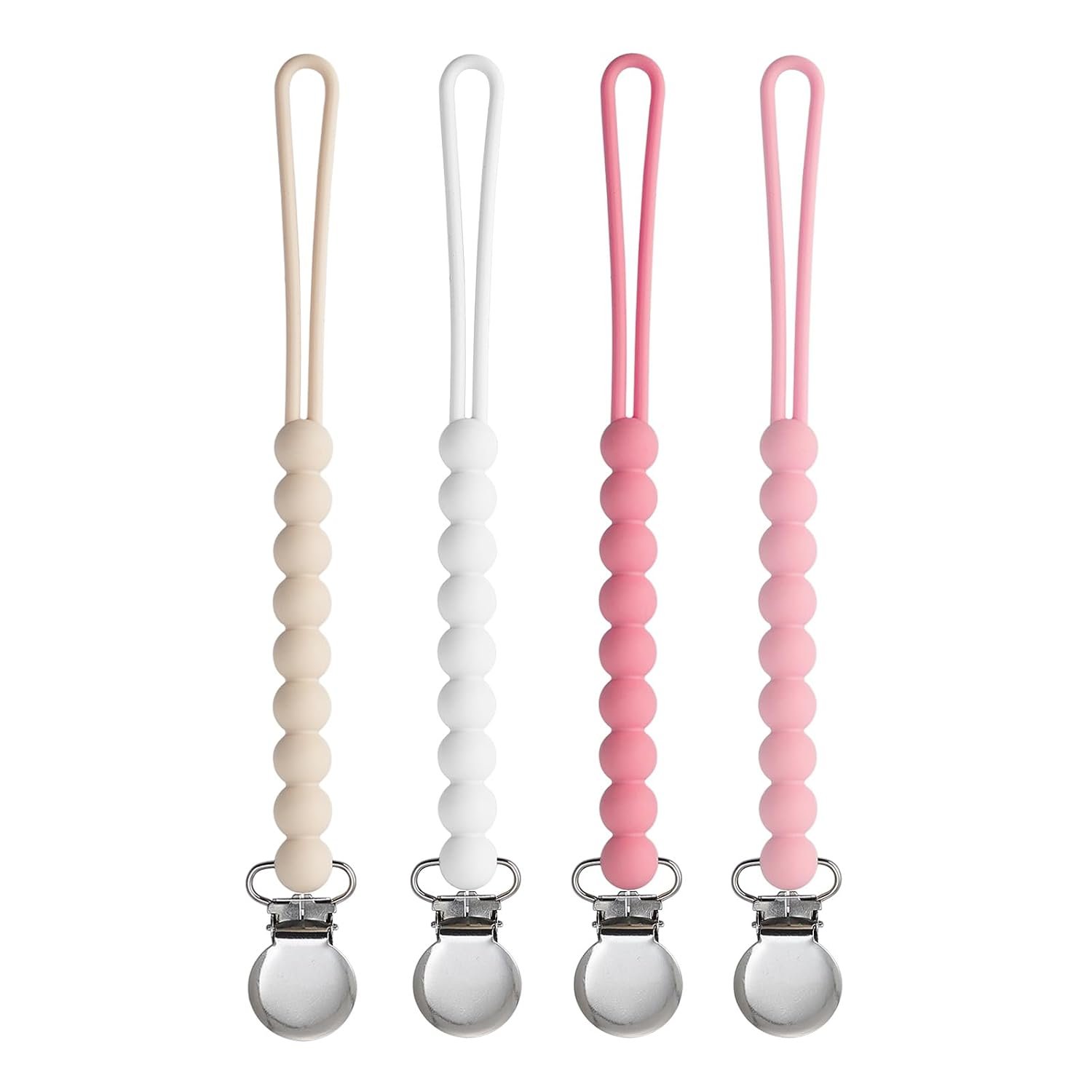 Pacifier Clip for Boys Girls – MORIBOX 4 Pack Paci Clip Soothie Baby Binky Holder for Shower Gift Birthday (Beige+White+Pink+Dpink)