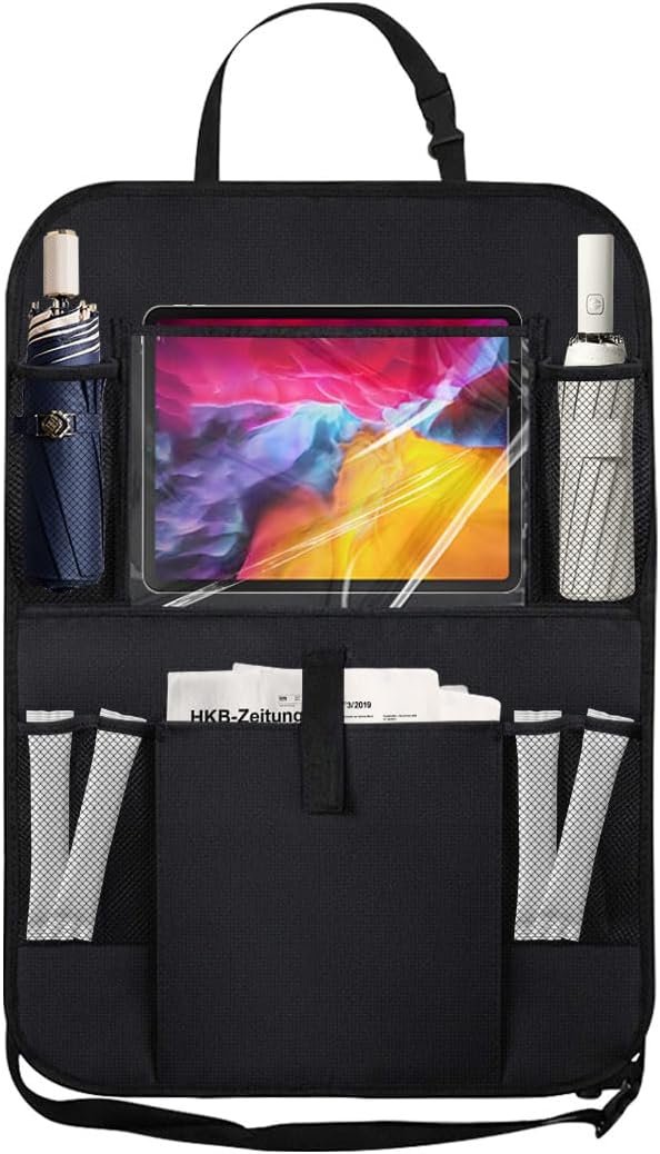 Car Backseat Organizer with Clear 10″ Tablet Holder + 5 Storage Pockets – Seat Back Protector Kick Mats for Kids – Car Back Seat Storage Organizer – Road Trip Essentials Travel Accessories (1PC)