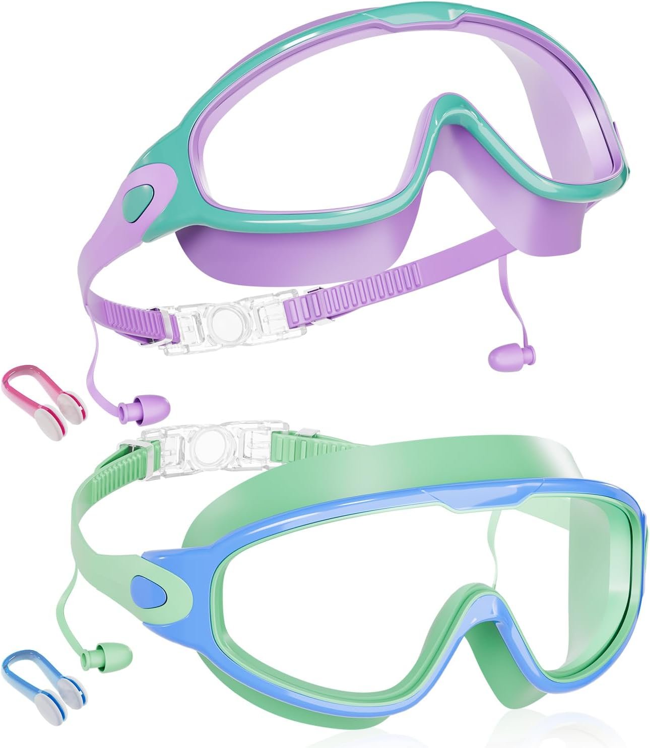 Aegend New Kids 2 Pack Wide View Swim Goggles, Anti-Fog/UV No Leak Goggles with Ear Plugs Kids 3-14