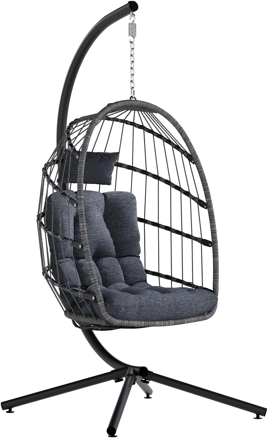 SWITTE Egg Chair Outdoor with Stand, Indoor Wicker Hanging Egg Swing Chair with Cushion, 350lbs Capacity for Patio, Bedroom, Garden – Dark Grey