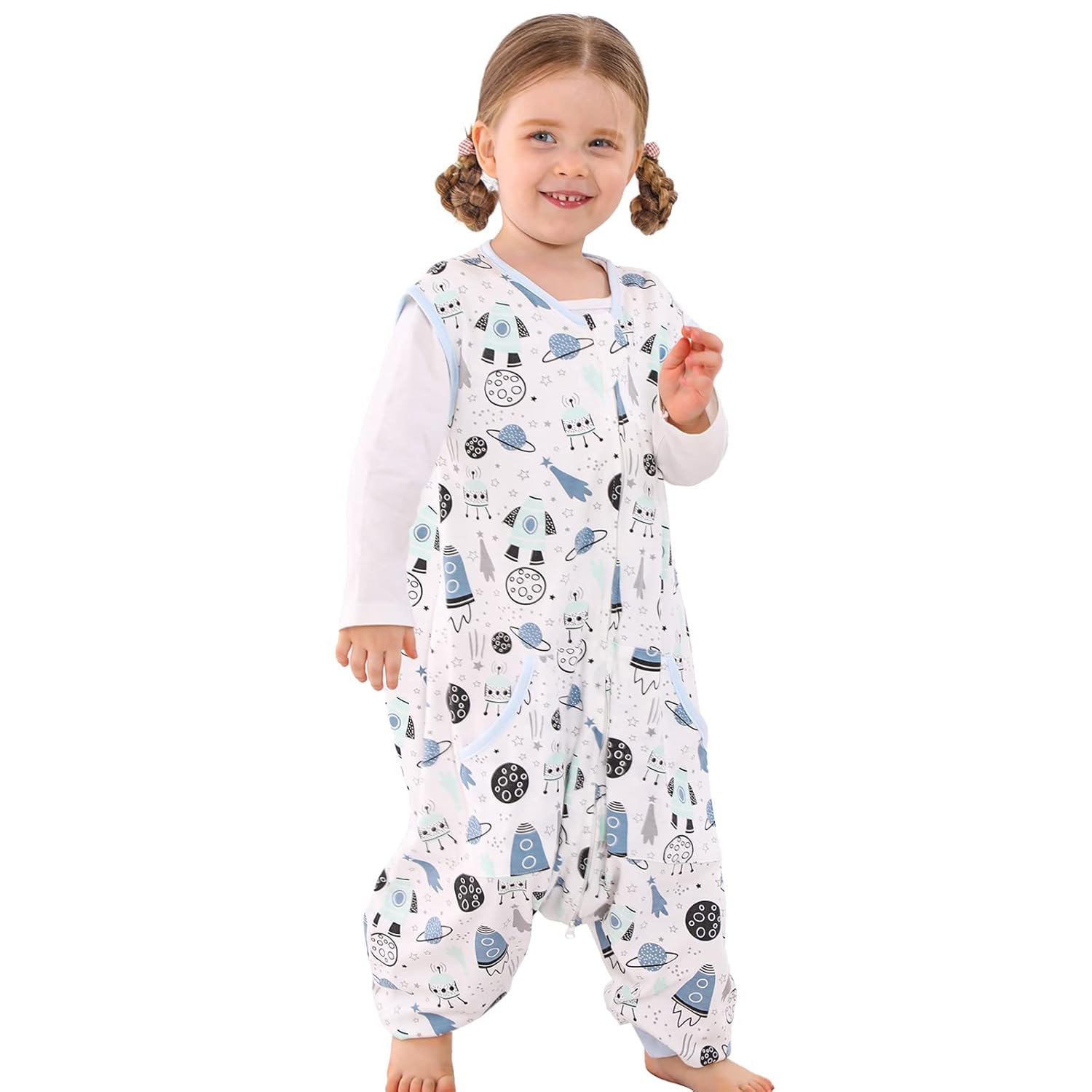 WONDAY Toddler Walking Sleep Sack with Feet, 0.5 TOG Lightweight Summer Wearable Blanket with Legs, 2-3T, Planet