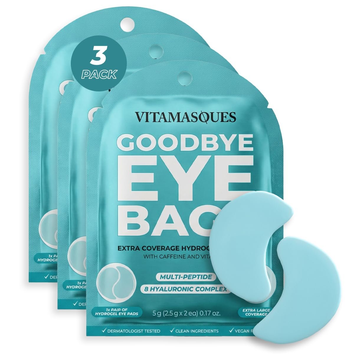 Vitamasques Goodbye Eye Bags XL Under Eye Patches – Caffeine Collagen Eye Mask for Dark Circles & Puffiness, Brightening Korean Eye Patches – 3 Pairs Hydrating Ultra cooling Hydrogel Pads