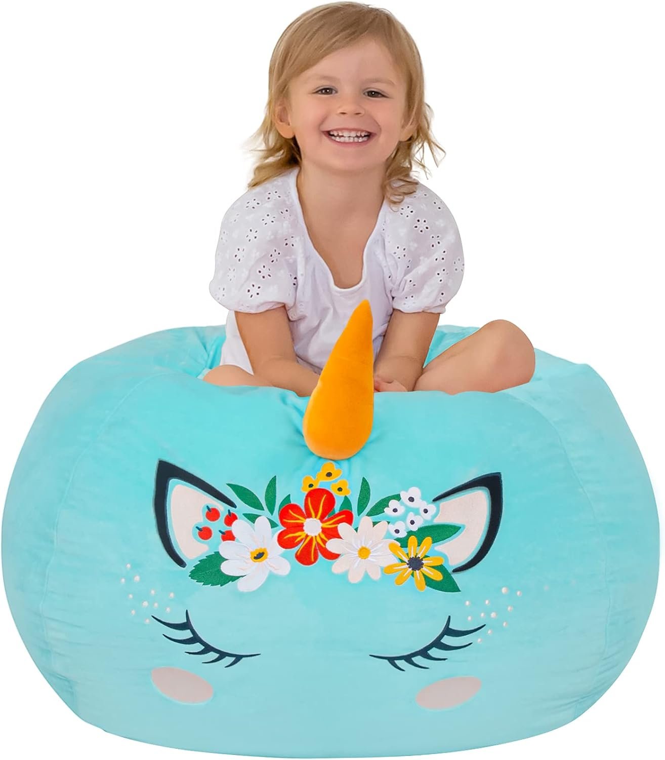 Aubliss Stuffed Animal Storage, Velvet Bean Bag Chairs Cover, X-Large 38″ Ultra Soft Kids Toy Storage Organizer for Blankets Towels Clothes Toys, Cyan Floral