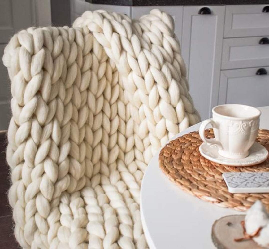 Chunky Knit Blanket Hand Made Merino Wool Throw Boho Bedroom Sofa Home Decor Giant Yarn(Ivory White 40″x60″)