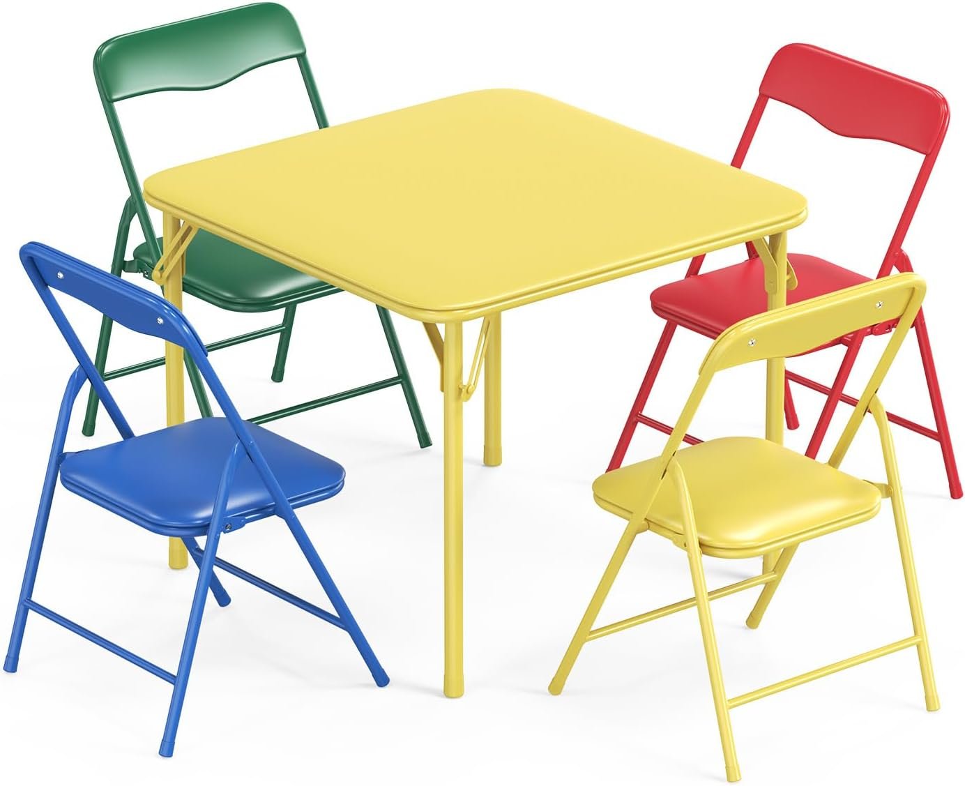 JOYMOR 5-Piece Kids Folding Table and Chairs Set, Metal Frame Children’s Activity Set with Easy-Fold Design, Kids Table and Chairs for Playroom & Classroom (Multicolor)