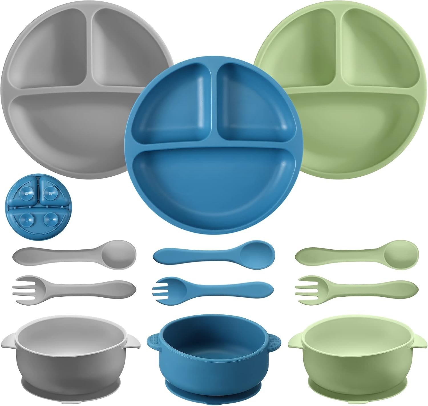 CHENGU 12 Pcs Silicone Bowl with Suction Set Toddler with Suction Plate Spoon and Fork Baby Led Weaning Supplies Self Feeding Utensils Divided Design Baby Feeding Dishwasher and Microwave Safe