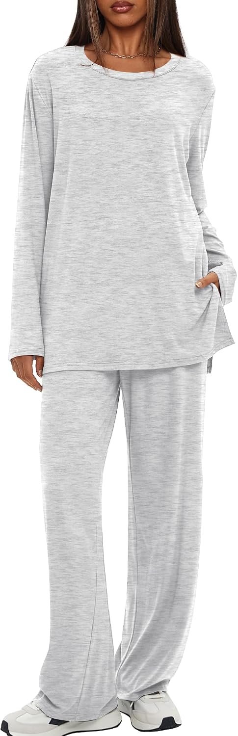 Darong Women’s 2 Piece Lounge Set Casual Long Sleeve Crew Neck Tops Wide Leg Pants Travel Airport Outfit Matching Sets