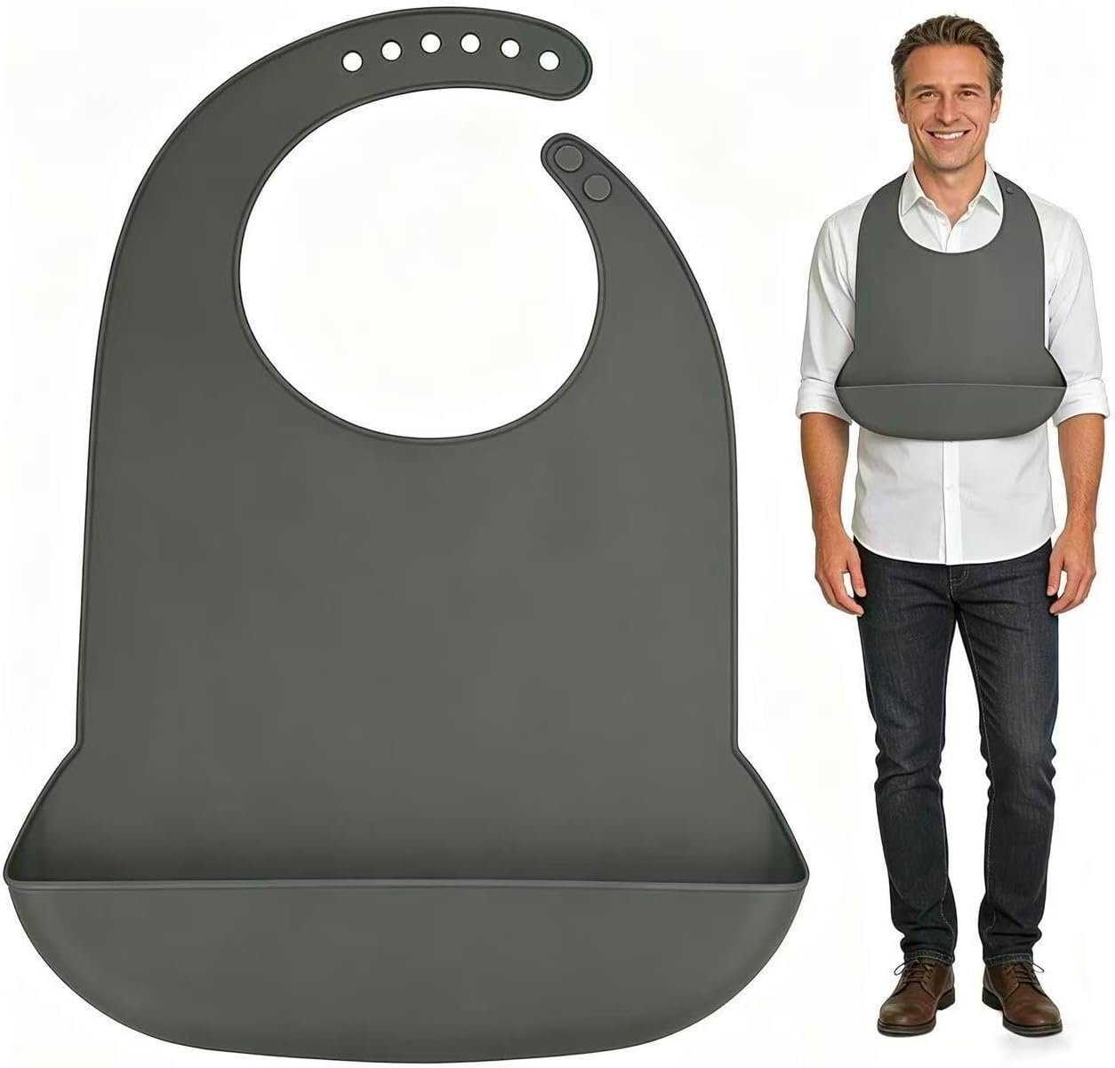 Adult Bibs for Men & Women，Adjustable Adult Silicone Bib， Washable Waterproof Bibs for Adults with Crumb Catcher (1, Grey)
