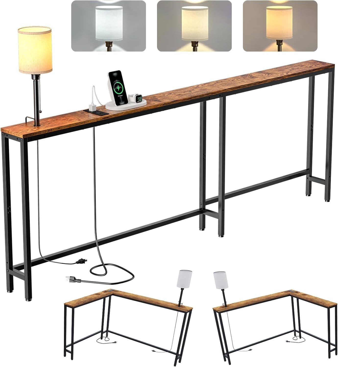 X-cosrack 78.8″ Long Narrow Sofa Table with Outlet & LED Bulb, L Shaped Skinny Corner Console Table Behind Couch, Slim Sofa Table wtih 3 Color Light for Living Room, Bedroom, Entryway, Rustic Brown