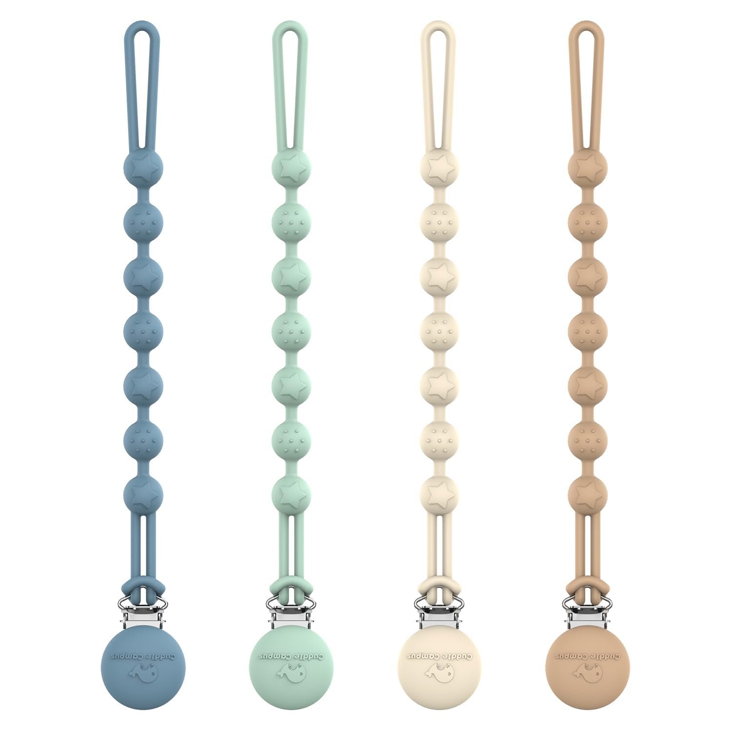 Cuddle Campus Silicone Pacifier Clip Holder with One Piece Design,Soft Flexible Binky Clips with Texture for Baby Boy and Girl Pack of 4 (6m+)