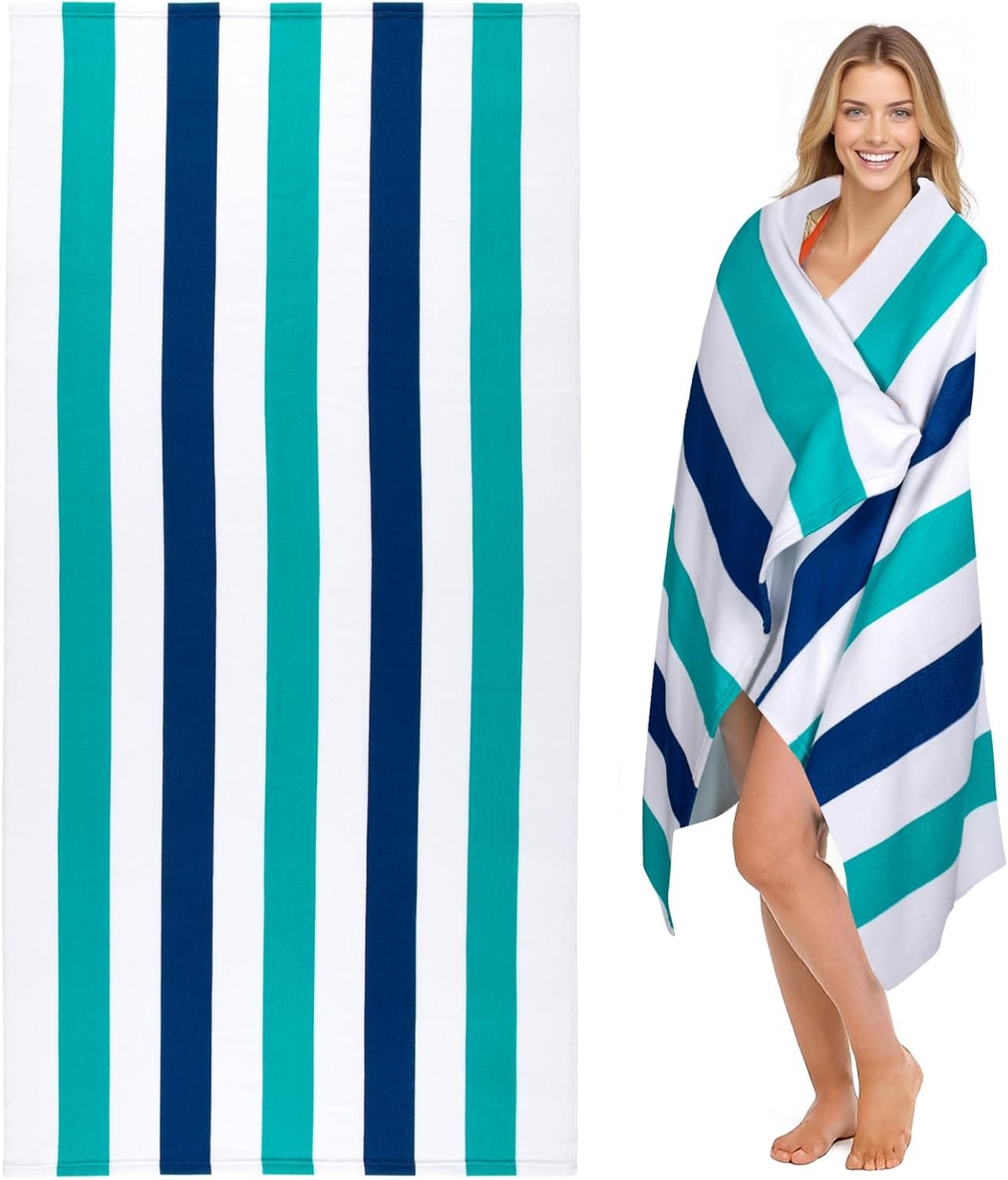 cabanana Large Oversized Beach Towel – Microfiber Sand Free 35 x 70 Inch Quick Dry Lightweight Pool Towel for Adults, Thin Striped Swim Towel (Turquoise)