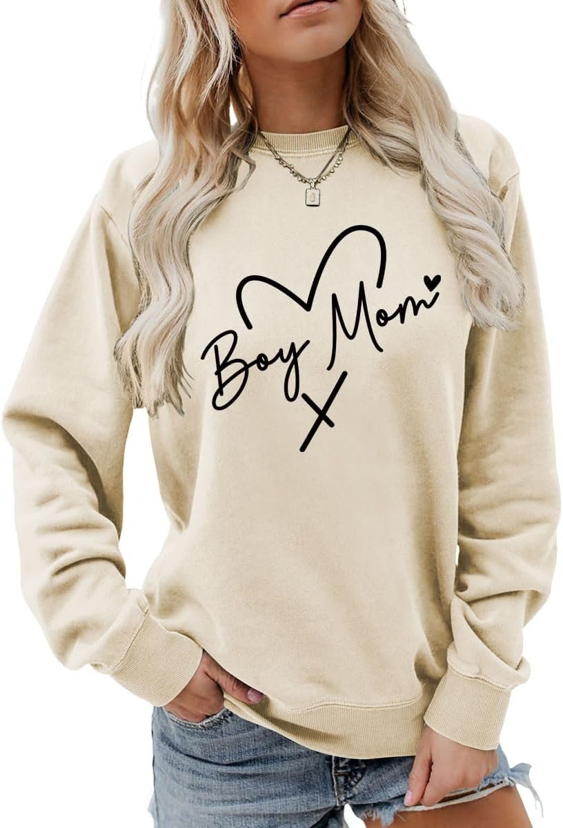 Boy Mom Sweatshirt For Women Mama Long Sleeve Heart Printed Pullover Tops Casual Crewneck Sweatshirts