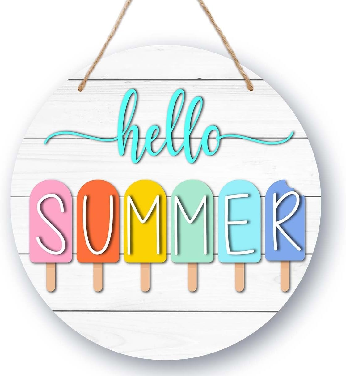 Summer Welcome Sign for Front Door, Hello Summer Wooden Signs Wall Decor, Popsicle Round Hanging Sign With Rope, Summer Decor For Home Front Door Porch, A10